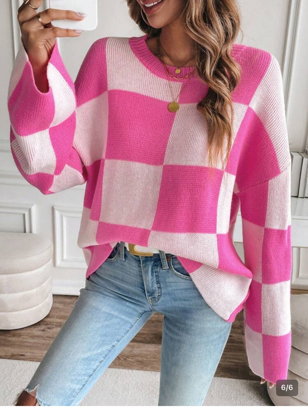 SHEIN Pink and White Checkered Crewneck Sweater NWOT Size M